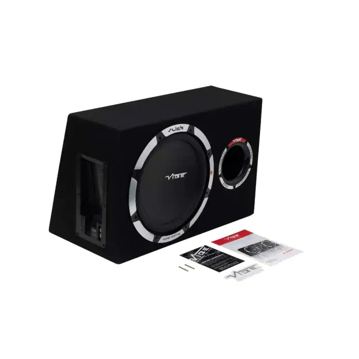 Subwoofer Vibe SLICKV12-V2 v ohišju za močno bass glasbo.