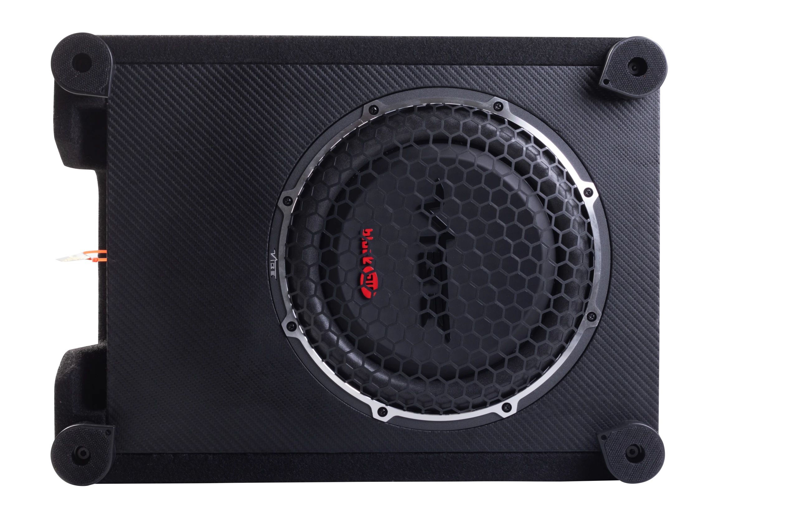 Vibe BA10SQ-V4 subwoofer v ohišju za močno bass glasbo.
