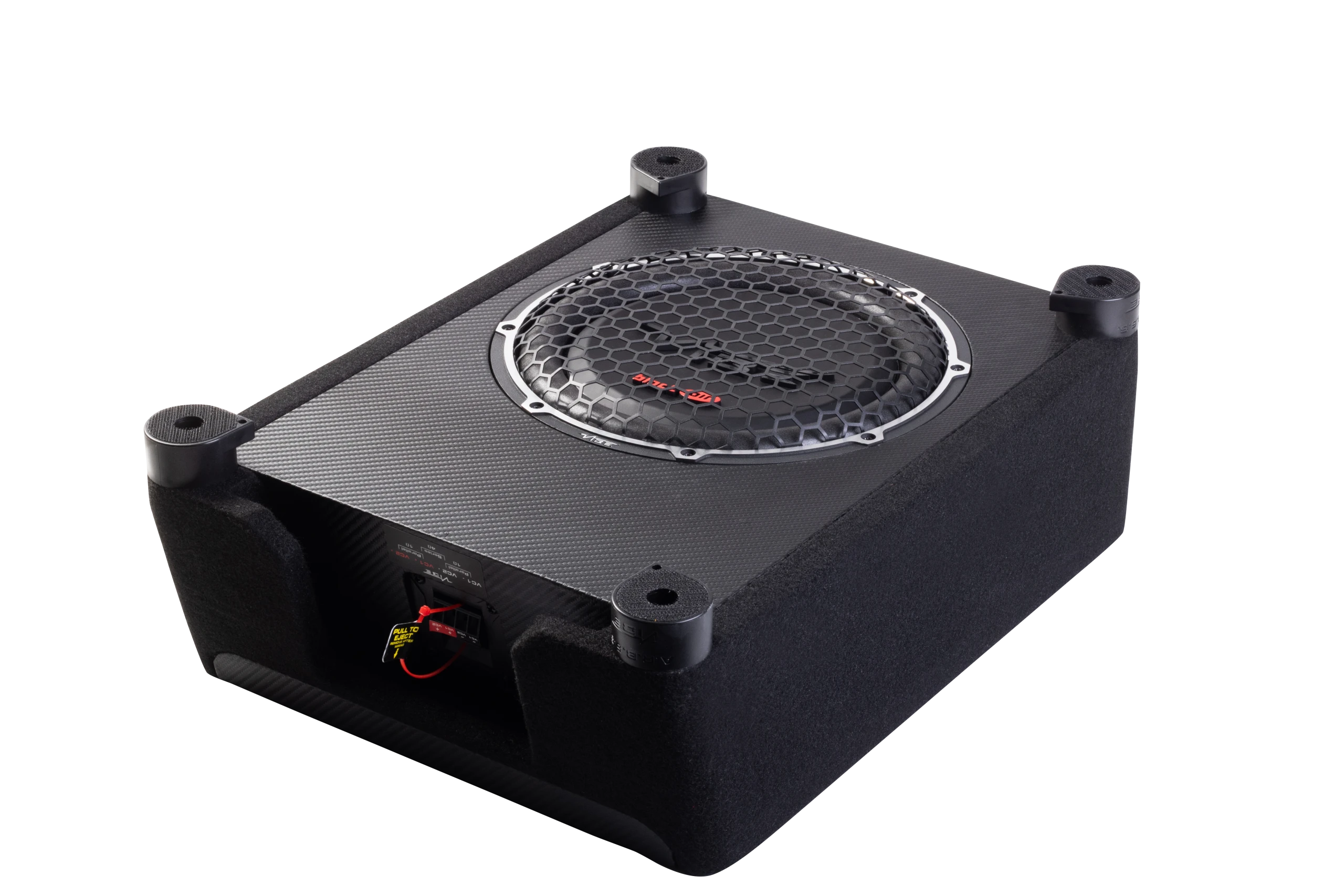 Subwoofer Vibe BA10SQ-V4 v ohišju za močno bass glasbo.