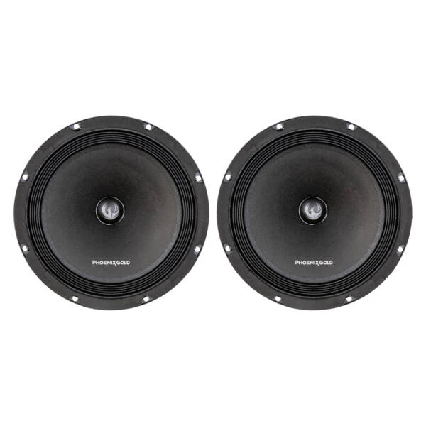 Dva črna avtozvočnika Phoenix Gold ZP8 za avto audio sistem.