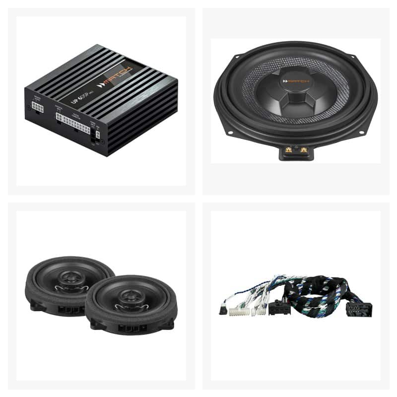Avdio oprema za BMW 1-series F40/F52/F70, vključuje ojačevalnik, zvočnike in priključke.