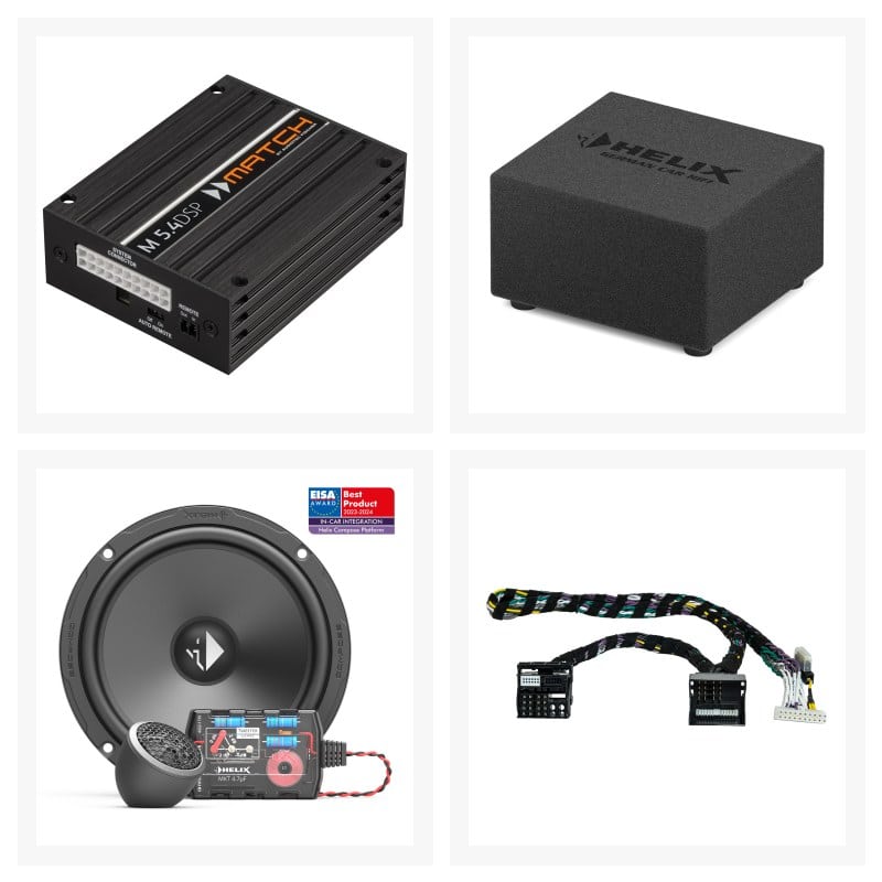 Avdio oprema za Mercedes Sprinter W907/910, vključuje ojačevalnik, subwoofer, zvočnik in priključke.
