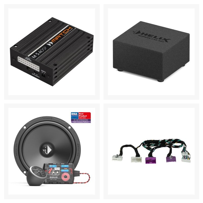 Avdio oprema za Mercedes Sprinter W907/910, vključuje ojačevalnik, subwoofer, zvočnike in priključke.