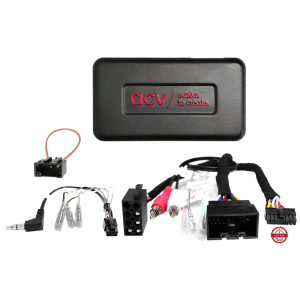 Car audio interface kit with connectors and control module for vehicle sound system.
