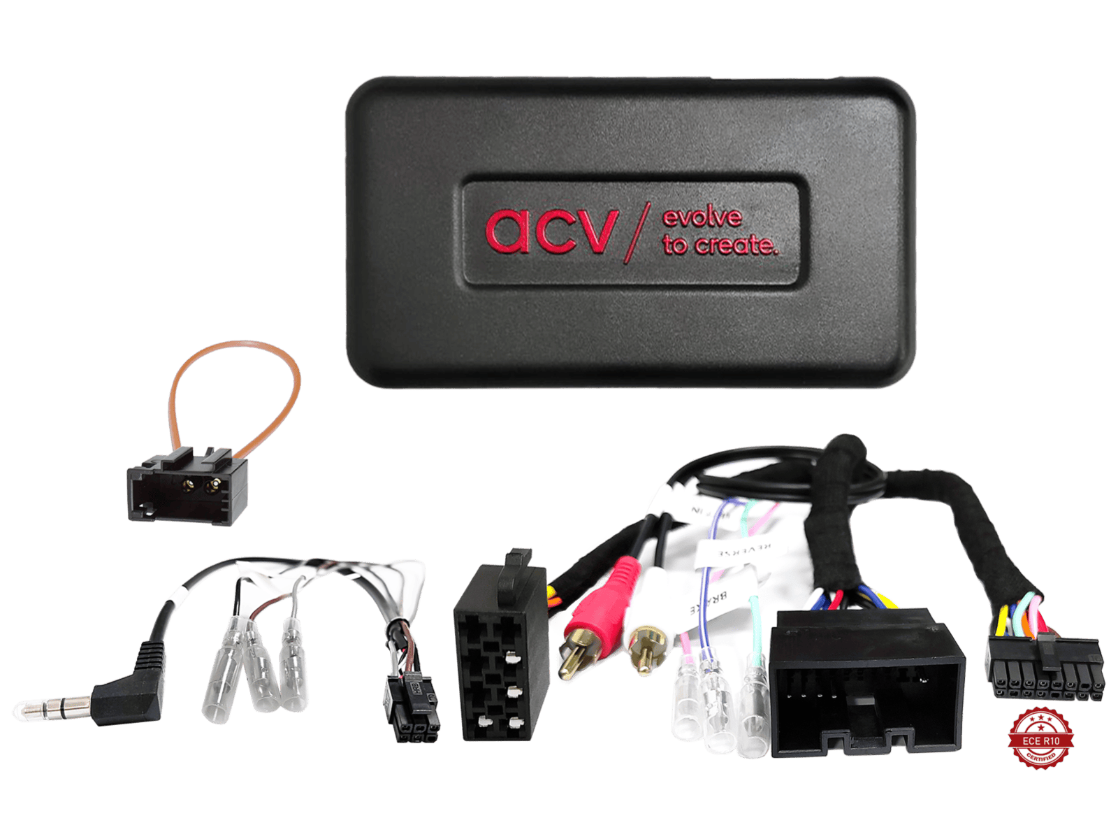 Car audio interface kit with connectors and control module for vehicle sound system.