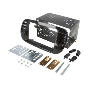 Črna avtoradio maska za Fiat 500 2-DIN model, montažni komplet.