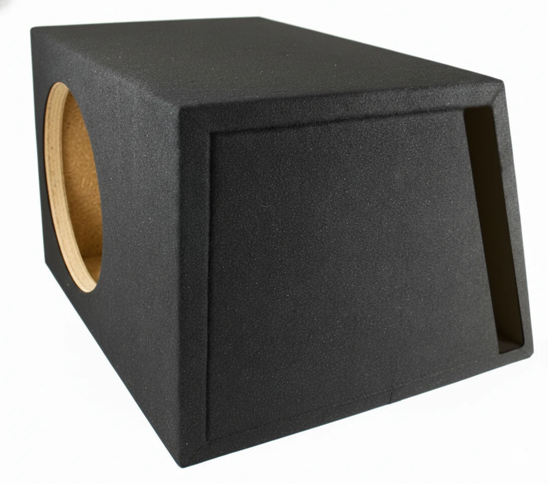 Kakovostni subwoofer ohišje za nizke frekvence, Črna barva in prostoren zunanji ventil.