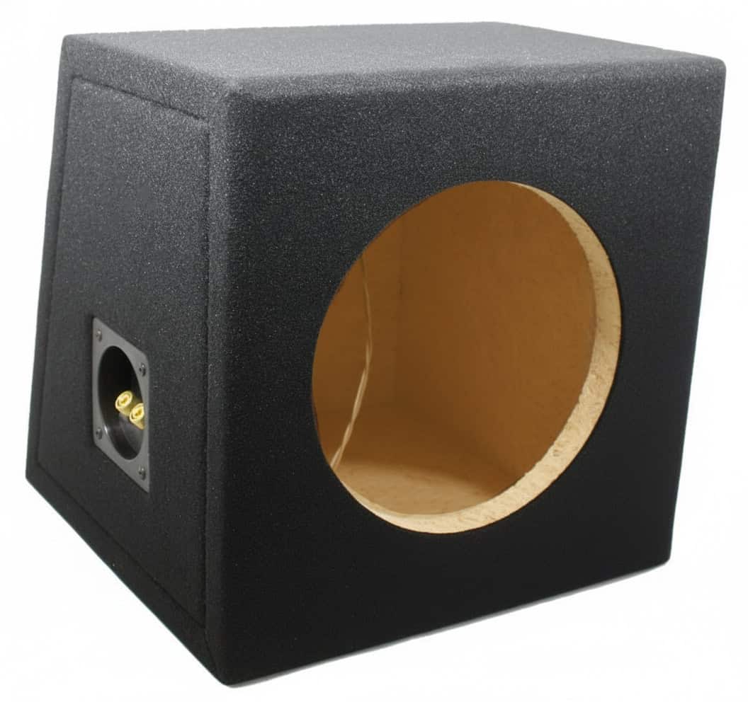 Kompaktna subwoofer škatla z brez okvirja, črna izolirana ohišje, vhod za priključek.