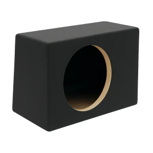 Črn subwoofer s koaksijalnim ohišjem, učvrščen z zlato rjavenim obodom.