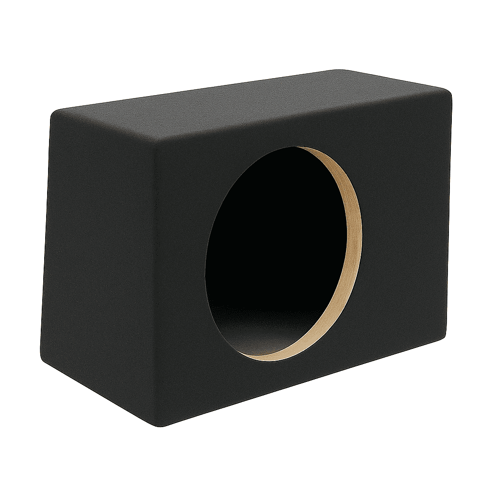 Črn subwoofer s koaksijalnim ohišjem, učvrščen z zlato rjavenim obodom.