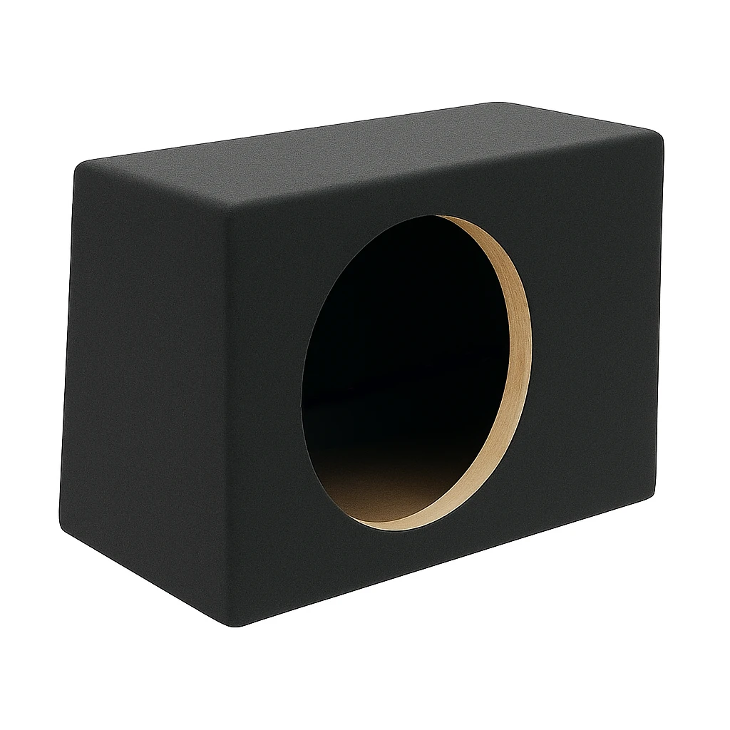 Črn subwoofer s koaksijalnim ohišjem, učvrščen z zlato rjavenim obodom.