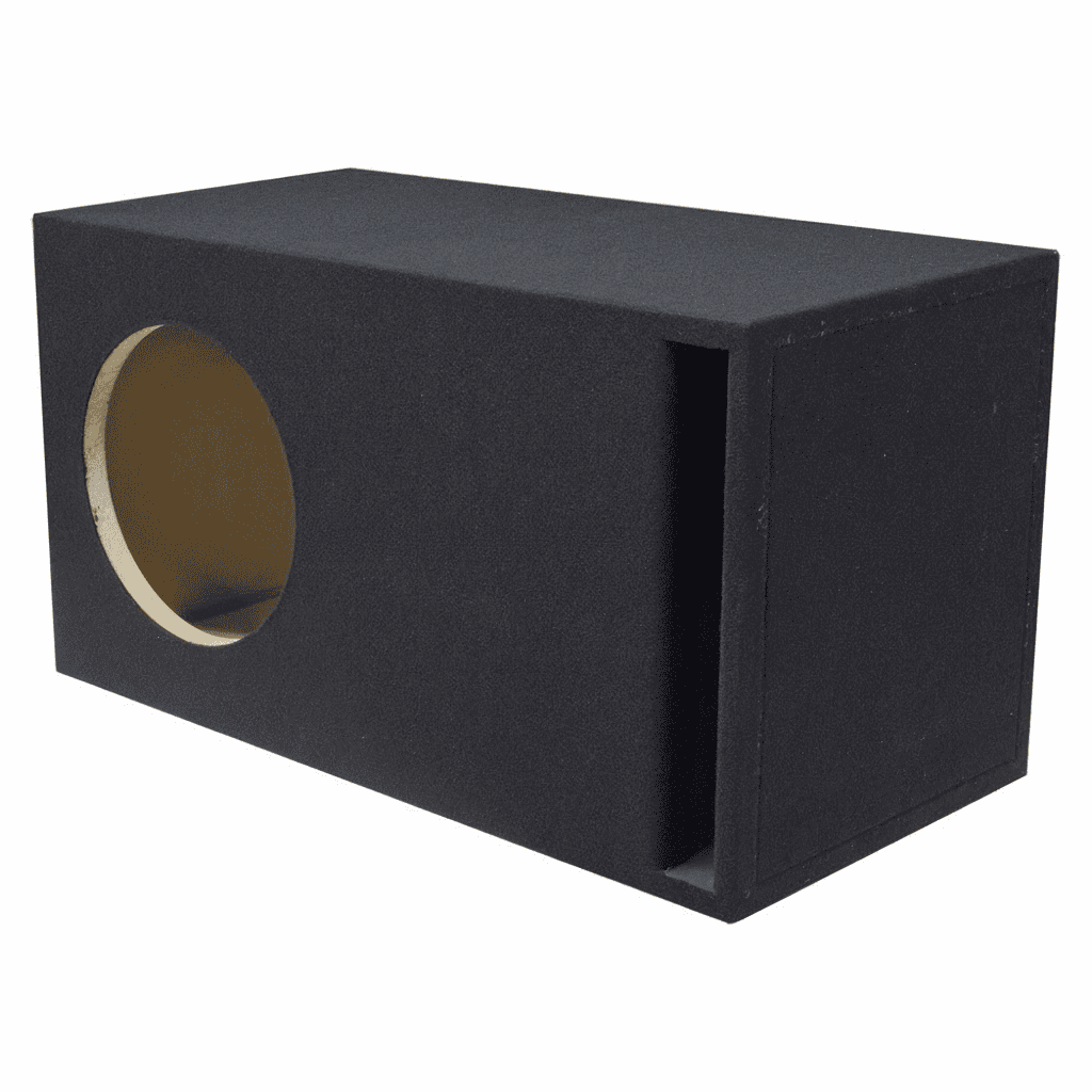 Car audio subwoofer box in black finish for car audio.