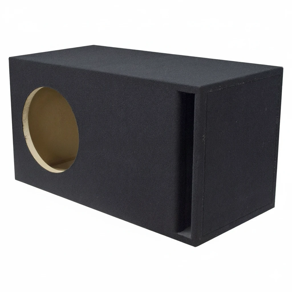 Car audio subwoofer box in black finish for car audio.