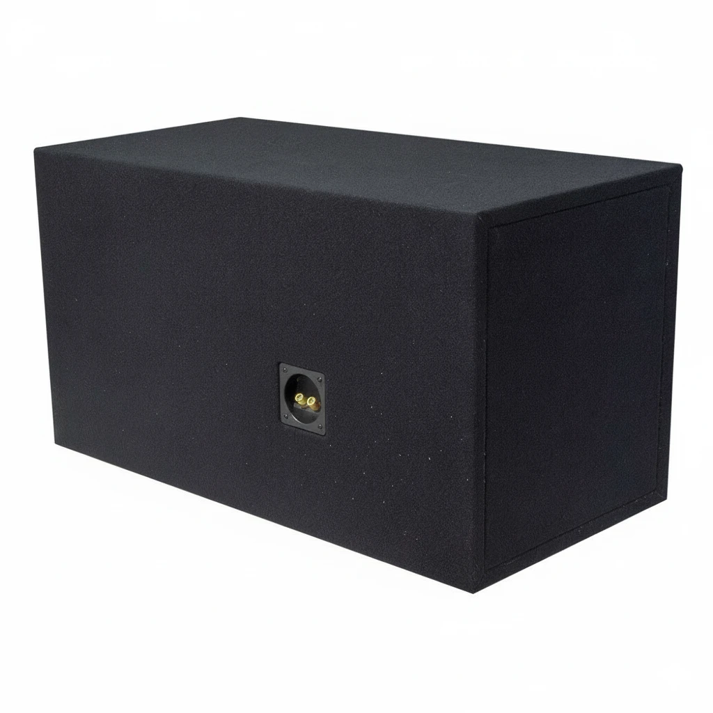 Močan subwoofer škatla za avdio sistem z zlomljeno stranico.