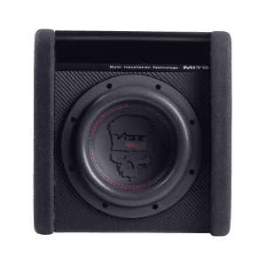 Visokozmogljiv subwoofer z videnim logojem Vibe in osvetljenim kovinskega ohišjem.