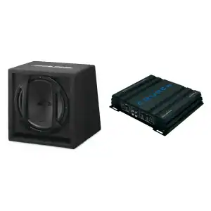 Subwoofer in enclosure with amplifier for car audio system.