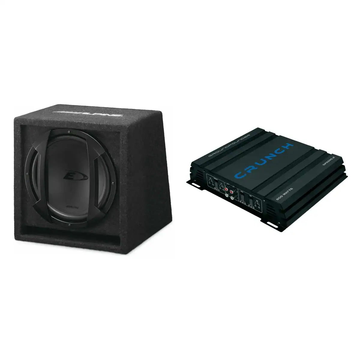 Subwoofer in enclosure with amplifier for car audio system.
