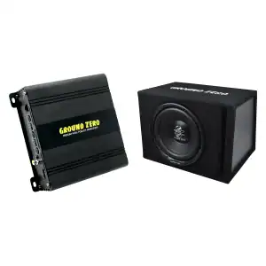 Ground Zero subwoofer and amplifier for car audio system.