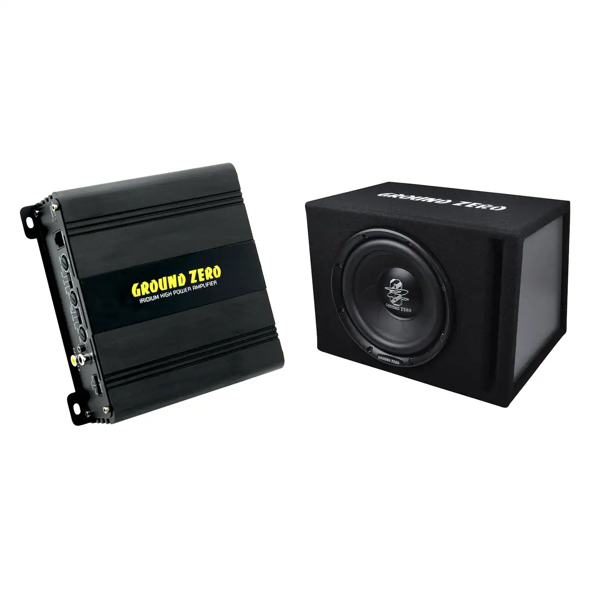 Ground Zero subwoofer and amplifier for car audio system.