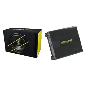 Ground Zero subwoofer in box and amplifier for car audio system.
