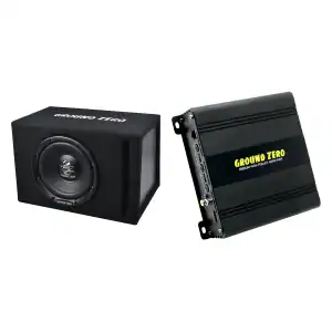 Subwoofer in car audio system with Ground Zero amplifier for deep bass.