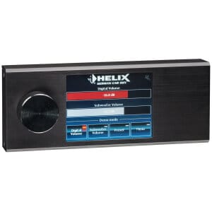 Digital car amplifier with touchscreen display and volume controls.