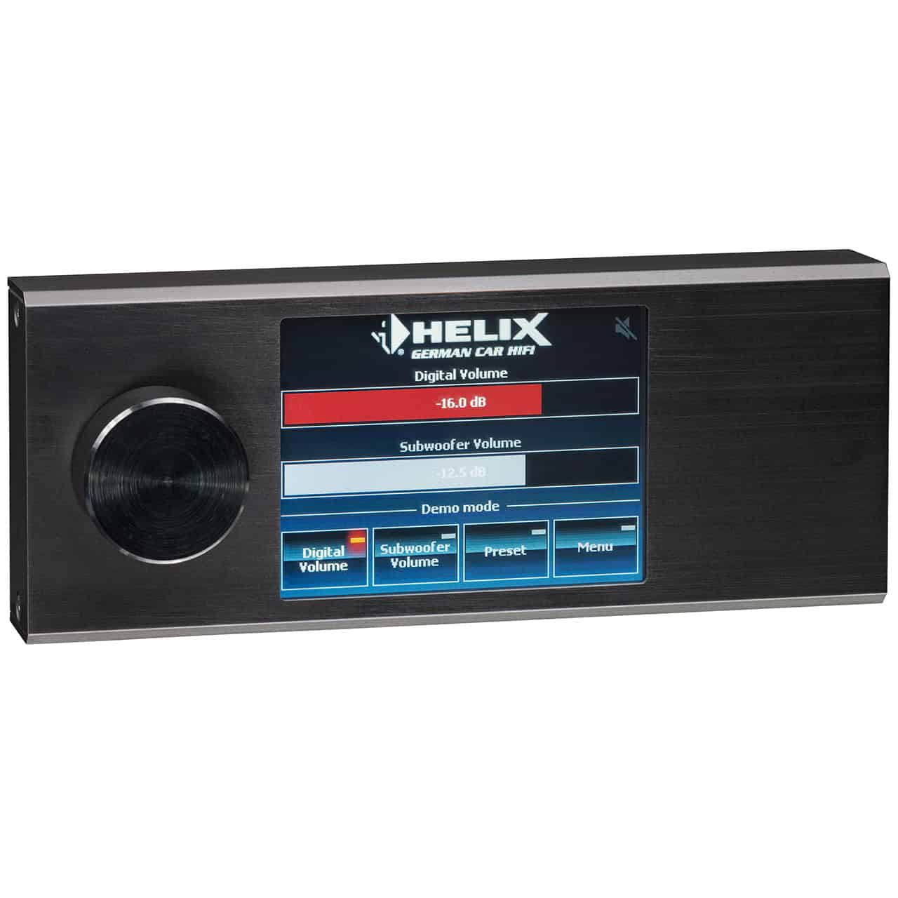 Digital car amplifier with touchscreen display and volume controls.