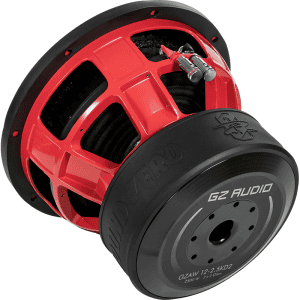 Močan GZ Audio subwoofer za avto z rdečo in črno barvo.
