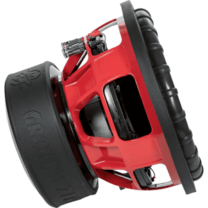 Red subwoofer with large black speaker and amplifier for car audio.