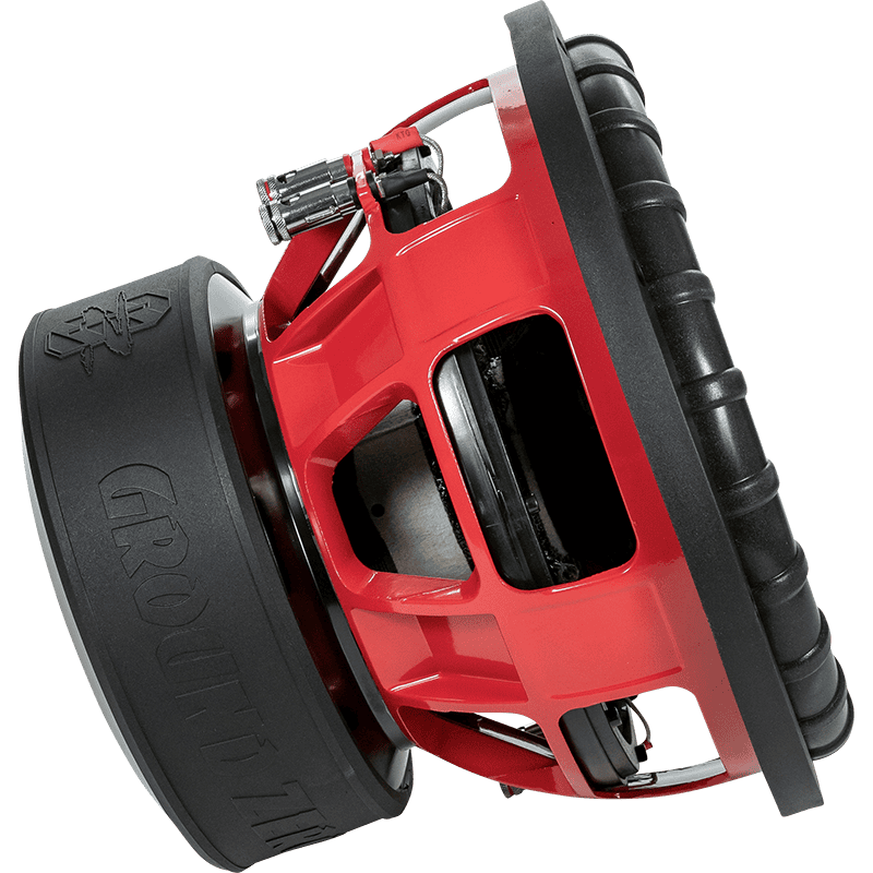 Red subwoofer with large black speaker and amplifier for car audio.