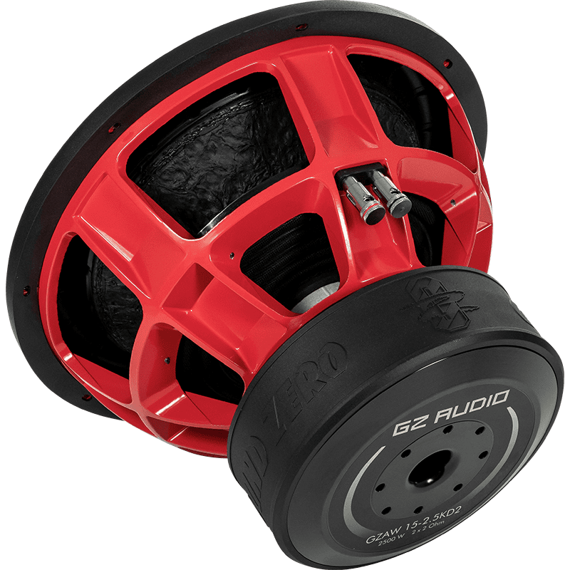 Visoko zmogljiv GZ Audio subwoofer za avto z rdečo ohišjem.