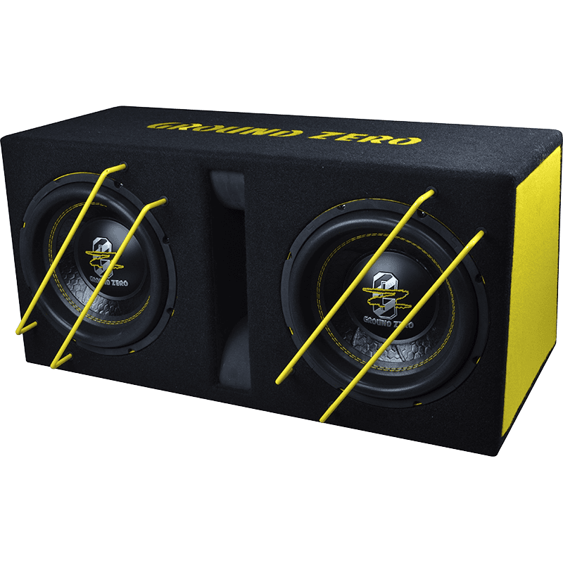 Dvojni subwoofer z akustično skledo in zaščitnimi mrežicami.