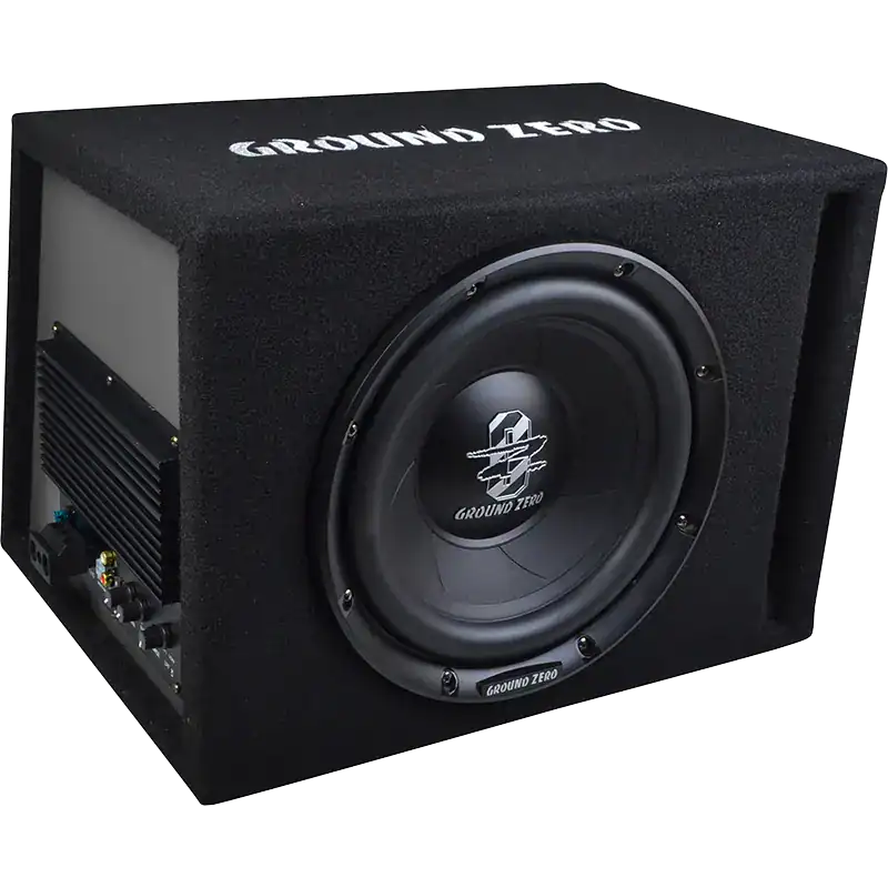 Ground Zero subwoofer za avtomobilski zvok, močan bass, črni ohišje.