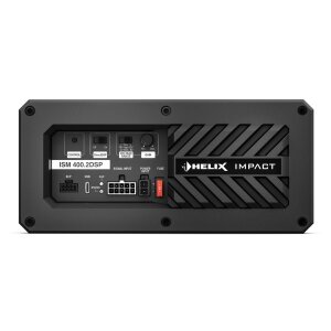 Helix Impact car audio amplifier with control panel and connections.