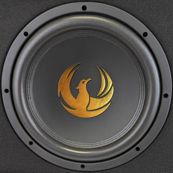 Aktivni subwoofer Phoenix Gold Z10AB z zlatim logotipom na sredini.