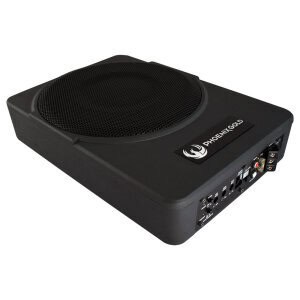 Aktivni subwoofer Phoenix Gold ZR10P za avto z ohišjem in priključki.