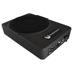 Aktivni subwoofer Phoenix Gold ZR10P za avto z ohišjem in priključki.