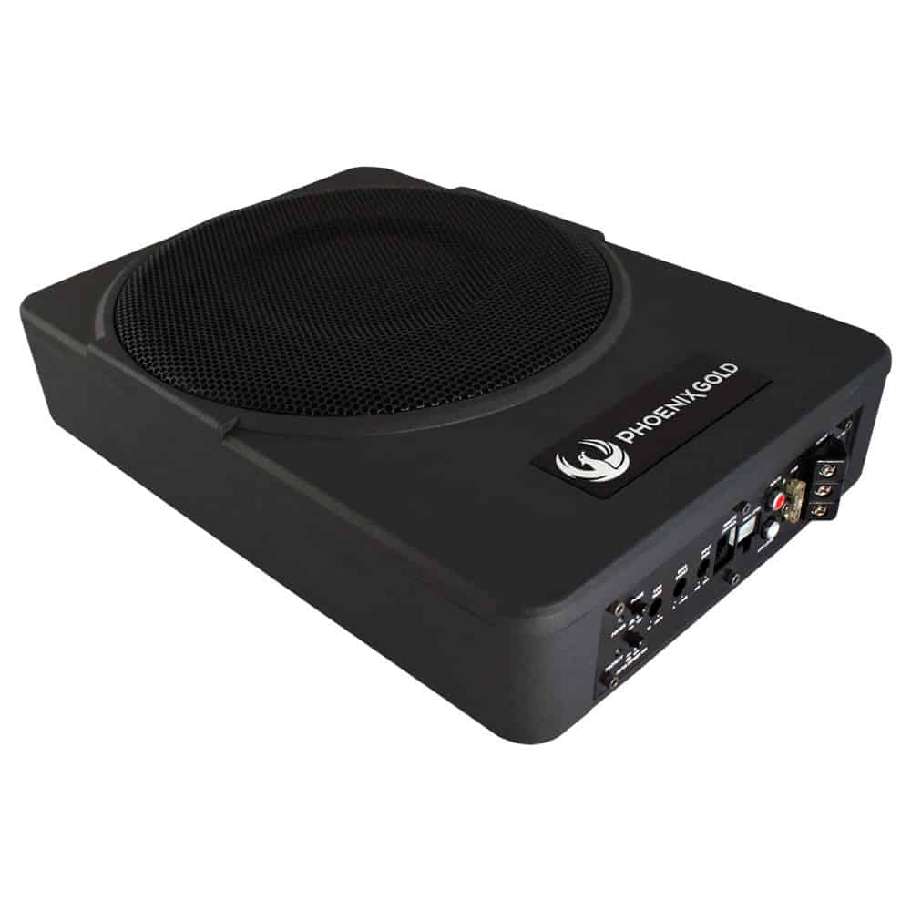 Aktivni subwoofer Phoenix Gold ZR10P za avto z ohišjem in priključki.