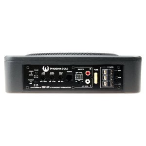 Aktivni subwoofer Phoenix Gold ZR10P za avto z ohišjem in priključki.
