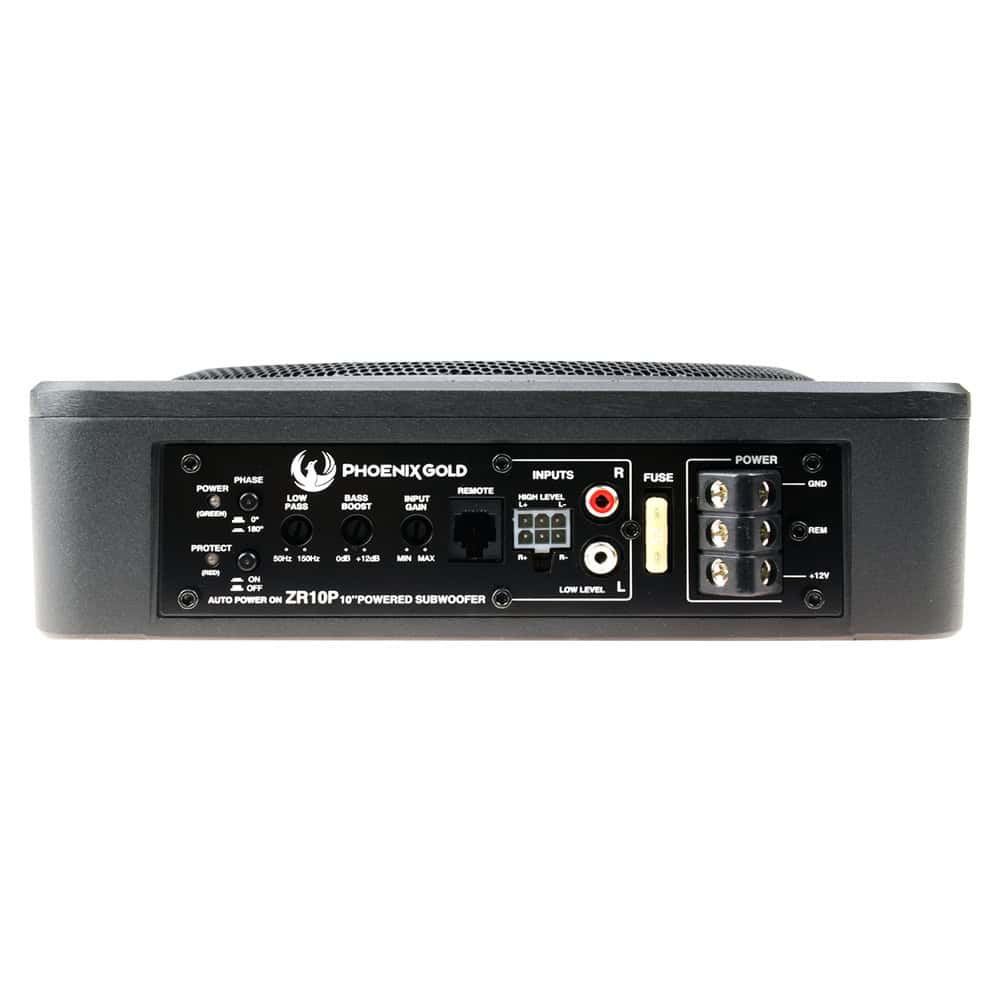 Aktivni subwoofer Phoenix Gold ZR10P za avto z ohišjem in priključki.