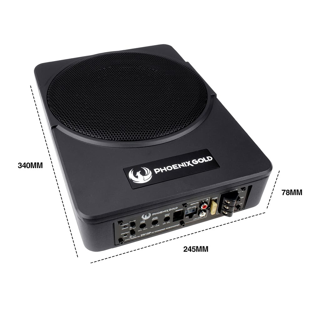 Aktivni subwoofer Phoenix Gold ZR10P za avto z močnim ohišjem.