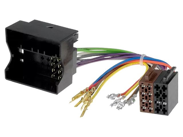 Kabelski adapter za avto radio z barvnimi žicami in priključki.